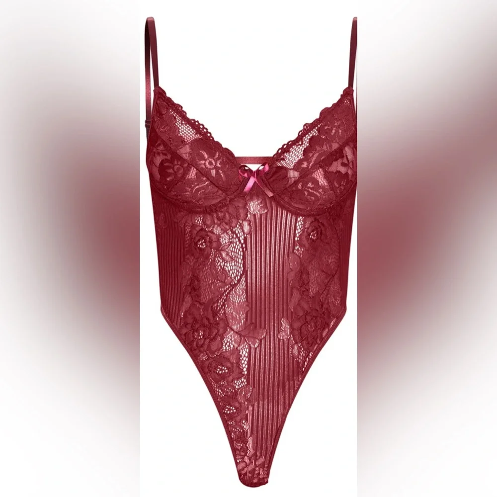 NWT PrettyLittleThing Plum Lace Insert High Leg Cup Bodysuit - Picture 4 of 15